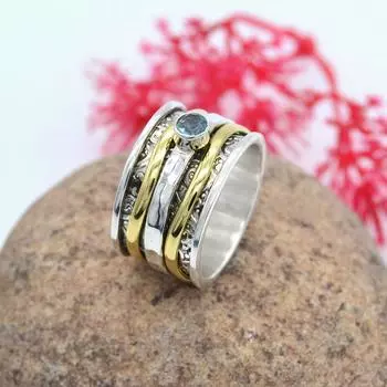 Серебряное кольцо с натуральным голубым топазом, кольцо из стерлингового серебра 925 пробы, кольцо-спиннер, античное серебряное кольцо 5