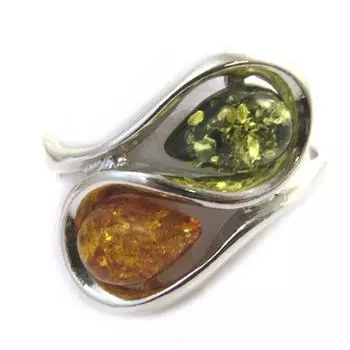 Серебряное кольцо Вдохновение коньячный янтарь и зеленый (родий) - 22 мм