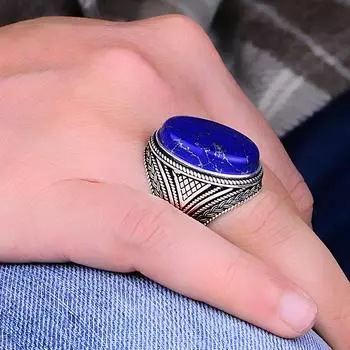 Серебряное мужское кольцо из натурального камня лазурита 925 карата, простое мужское кольцо с большим камнем лазурита, уникальное мужское кольцо ручной работы в турецком стиле