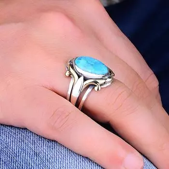 Серебряное мужское кольцо с бирюзовым камнем, стильная уникальная идея мужского подарка, турецкое кольцо ручной работы 925К, мужской аксессуар с бирюзой