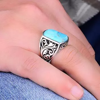 Серебряное мужское кольцо с бирюзовым камнем, стильное уникальное мужское кольцо, идея подарка для мужчин, турецкое кольцо ручной работы 925К, мужской аксессуар с бирюзой