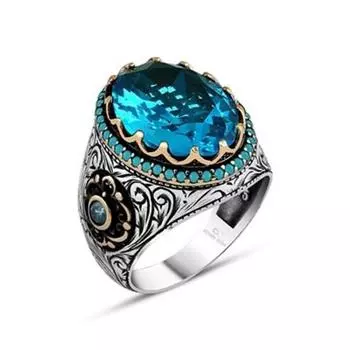 Серебряное мужское кольцо с голубым камнем цвета морской волны