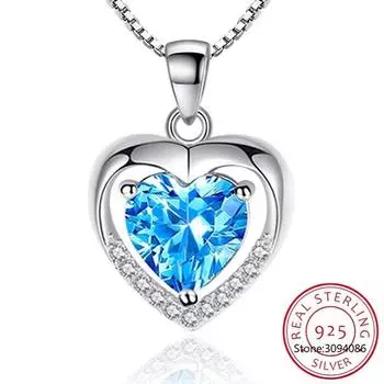Серебряное ожерелье 925 пробы для женщин, подруги, жены, подарок, ювелирные изделия, ожерелье с подвеской в виде сердца и кристалла циркония Colar De Prata Gn9 синий