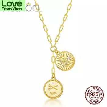 Серебряное ожерелье 925 пробы с двойной монетой, стрелой, ракушкой, гравировкой, подарочное ожерелье 500 мм, регулируемая цепь, высокое качество, новое 50cm