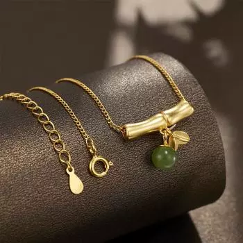 Серебряное ожерелье из бамбука S925, женское, ретро, бамбук, лист бамбука, яшма, кулон, этнический стиль, цепочка на ключицу, ювелирные изделия, мода 925 silver золотой