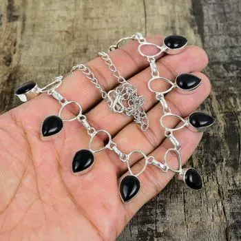 Серебряное ожерелье из черного оникса, натуральное ожерелье из черного оникса, ожерелье из драгоценных камней, ювелирные изделия из стерлингового серебра 925 пробы, изящное ожерелье из хрусталя из серебра 925 пробы для нее 20 чёрный