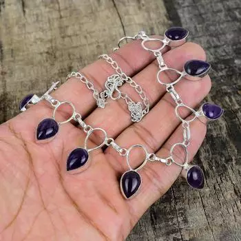 Серебряное ожерелье из натурального аметиста, фиолетовое ожерелье, ожерелье с драгоценными камнями, ювелирные изделия из стерлингового серебра 925 пробы, изящное ожерелье из серебра 925 пробы с кристаллами для нее 20 фиолетовый
