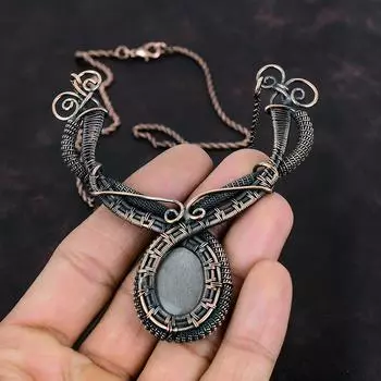 Серебряное ожерелье из обсидиана, обернутое медной проволокой, ожерелье ручной работы Серебряное блестящее ожерелье из обсидиана, ожерелье из драгоценных камней, медные украшения для подарка