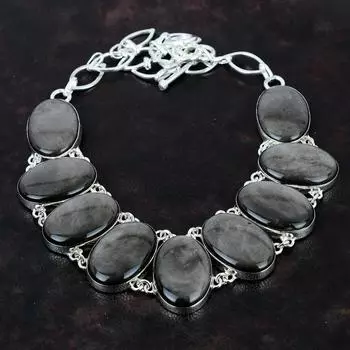 Серебряное ожерелье из обсидиана, ожерелье из настоящего драгоценного камня, ожерелье из стерлингового серебра 925 пробы, регулируемое ожерелье-цепочка, ожерелье ручной работы, подарок для нее Adjustable