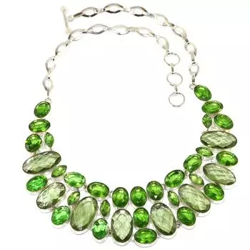 Серебряное ожерелье с драгоценными камнями и зеленым аметистом 16-18 дюймов