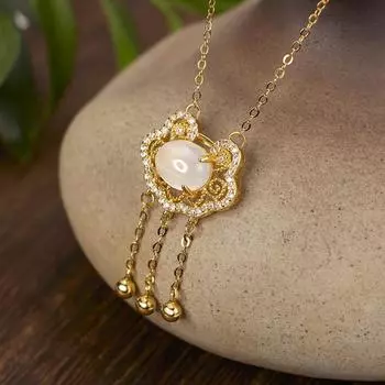 Серебряное ожерелье с кисточкой и замком безопасности 925 пробы, женский колокольчик, благословение, белый халцедон, замок с длительным сроком службы 925 Silver белого золота