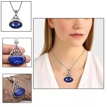 Серебряное ожерелье с лазуритом, подарочный лазурный драгоценный камень, кулон, ювелирное изделие, 18 дюймов, ручная работа