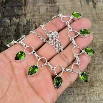 Серебряное ожерелье с перидотом, зеленое ожерелье, ожерелье с драгоценными камнями, ювелирные изделия из стерлингового серебра 925 пробы, изящное ожерелье с кристаллами из серебра 925 пробы для нее 20 зелёный