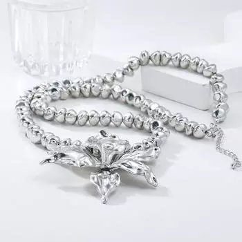 Серебряное ожерелье с подвеской в виде цветка из бисера для женщин - европейский и американский стиль серебряный