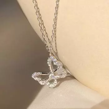 Серебряное ожерелье с полой бабочкой для женщин с цирконием на ключице one size