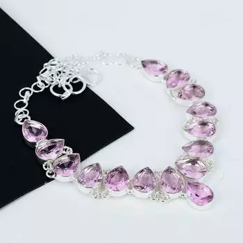 Серебряное ожерелье с розовым кунцитом, ожерелье розового цвета, драгоценный камень с розовым кунцитом, ювелирные изделия из стерлингового серебра 925 пробы, изящное ожерелье с розовыми кристаллами для нее 20 розовый