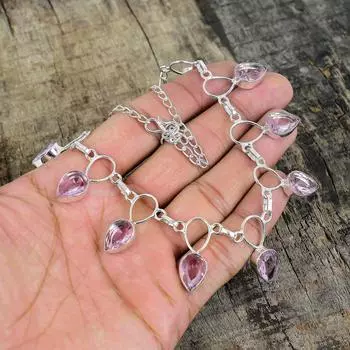 Серебряное ожерелье с розовым кунцитом, розовое ожерелье, ожерелье с драгоценными камнями, ювелирные изделия из стерлингового серебра 925 пробы, изящное ожерелье с кристаллами из серебра 925 пробы для нее 20 розовый