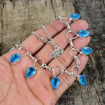 Серебряное ожерелье Swiss Blue Topaz, синее ожерелье, ожерелье из драгоценных камней, ювелирные изделия из стерлингового серебра 925 пробы, изящное ожерелье из серебра 925 пробы с кристаллами для нее 20 синий