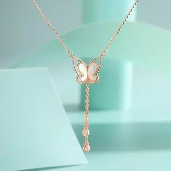 Серебряное ожерелье-свитер S925 с бабочкой, женская универсальная подвеска-кисточка Sweet Wind Shell Zircon из розового золота и серебра 925 Silver розового золота