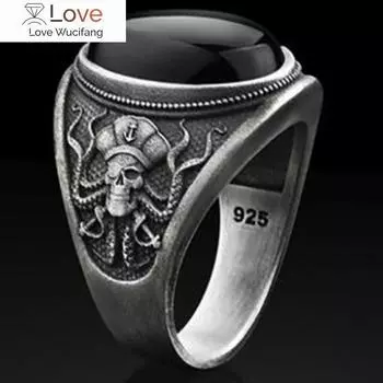 Серебряное ретро панк мужское кольцо с черным камнем череп осьминог массивные кольца для мужчин готическая вечеринка подарок винтажные ювелирные изделия 11