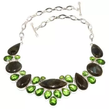 Серебряное ювелирное ожерелье с драгоценным камнем огненным лабрадоритом и перидотом 16-18 дюймов