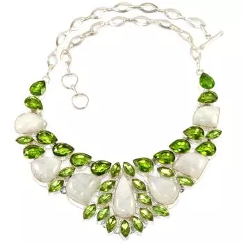 Серебряное ювелирное ожерелье с радужным лунным камнем и перидотом 16-18 дюймов