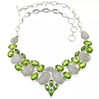 Серебряное ювелирное ожерелье с радужным лунным камнем и перидотом 16-18 дюймов