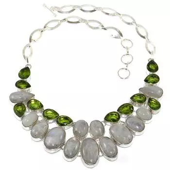 Серебряное ювелирное ожерелье с радужным лунным камнем и перидотом 16-18 дюймов