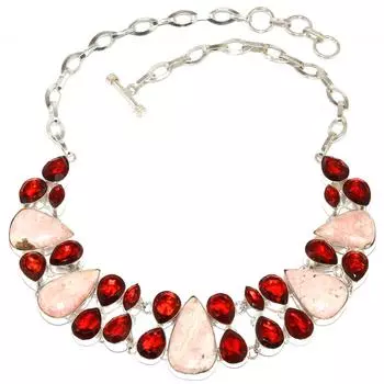 Серебряное ювелирное ожерелье с родохросоритом и гранатом 16-18