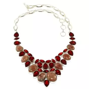 Серебряное ювелирное ожерелье с родохросоритом и гранатом 16-18