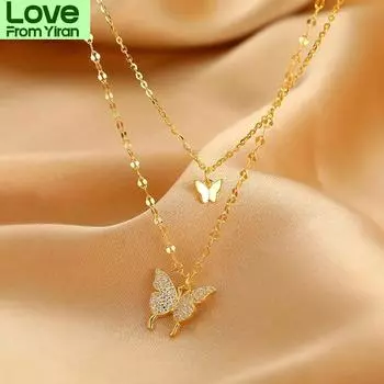 Серебряное золото блестящее ожерелье с бабочкой женское изысканное двухслойное ожерелье с подвеской на ключицу ювелирные изделия для свадебной вечеринки подарки золотой