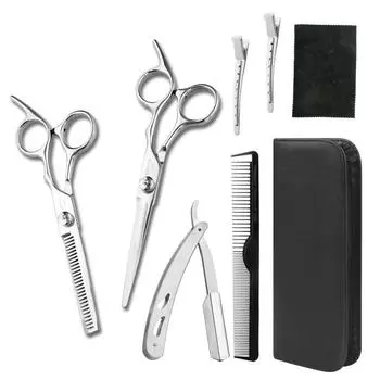 Серебряные 6-дюймовые бытовые парикмахерские ножницы плоские ножницы ножницы для челки держатель ножей скребок набор Silver set + knife holder + 5 blades