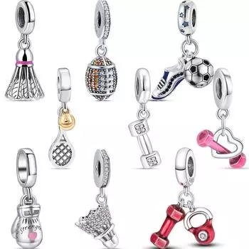 Серебряные 925 пробы для бадминтона, тенниса, бейсбола, боксерские перчатки, гантели, футбольные бусины, подходят для браслета, ювелирные украшения