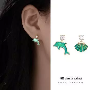 Серебряные асимметричные серьги-подвески в виде ракушек и дельфинов с циркониевой глазурью для женщин ES1802