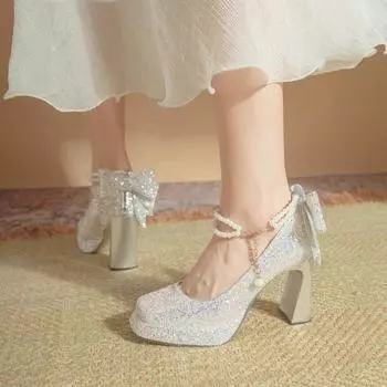 Серебряные блестки туфли на высоком каблуке для женщин Элегантные свадебные туфли с ремешком на щиколотке и жемчугом Туфли Мэри Джейн на толстом каблуке для банкета 35 шампанского
