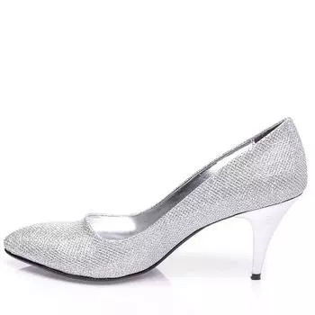 Серебряные блестящие модельные туфли на низком каблуке для женщин на тонком каблуке с острым носком из искусственной кожи Ma-017