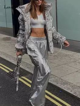 Серебряные брюки, женские модные эластичные широкие брюки с высокой талией, уличные однотонные прямые осенние тонкие женские брюки в стиле панк-рок, 2023 S серебряный