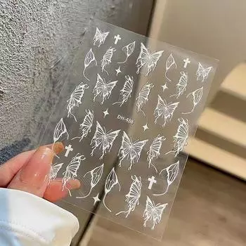 Серебряные черные белые бабочки 3D наклейки для ногтей металлические бабочки звезды распятия самоклеящиеся слайдеры обертывания маникюрные гель-лаки наклейки белый