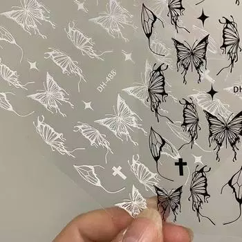 Серебряные черные белые бабочки 3D наклейки для ногтей металлические бабочки звезды распятия самоклеящиеся слайдеры обертывания маникюрные гель-лаки наклейки 3