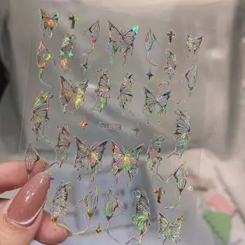 Серебряные черные белые бабочки 3D наклейки для ногтей металлические бабочки звезды распятия самоклеящиеся слайдеры обертывания маникюрные гель-лаки наклейки разноцветный