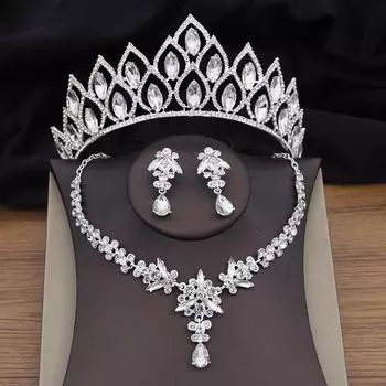 Серебряные цвета кристалл свадебные комплекты ювелирных изделий для женщин тиара корона ожерелье серьги комплект невесты свадьба Дубай ювелирные комплекты аксессуар