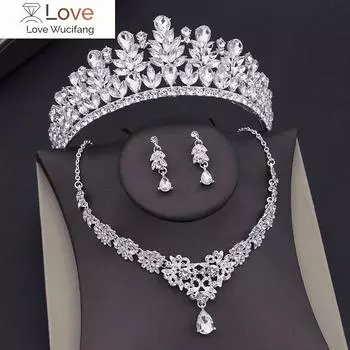 Серебряные Цвета Листья Кристалл Свадебные Ювелирные Наборы для Женщин Диадемы Ожерелья Наборы Свадебная Корона Головной Убор Аксессуары Для Невесты