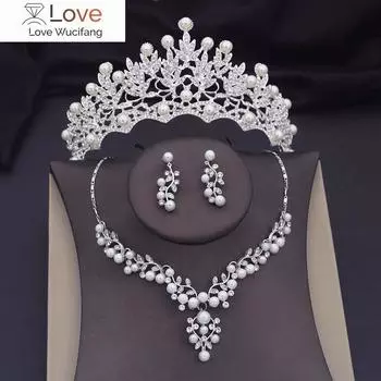 Серебряные цвета жемчуг свадебные комплекты ювелирных изделий для женщин диадемы чокеры ожерелья комплекты свадебная корона комплект ювелирных изделий невесты аксессуары