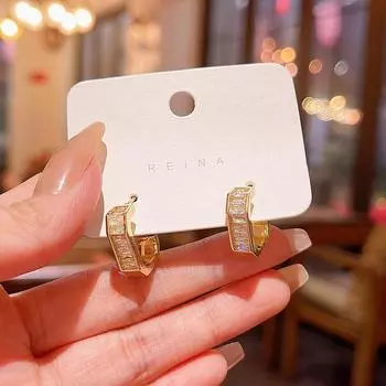 Серебряные геометрические серьги с цирконием S925 — элегантный корейский стиль для женщин E5689 золотой