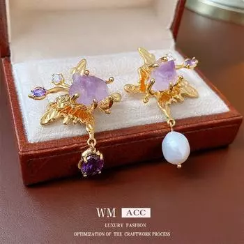 Серебряные иглы, асимметричные серьги-бабочки с пресноводным жемчугом и цирконием, модные серьги в стиле ретро в стиле барокко, легкие серьги в роскошном стиле золотой