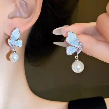 Серебряные иглы, бабочки, циркониевые жемчужные серьги, французские модные маленькие свежие темпераментные серьги, нишевые серьги высокого класса