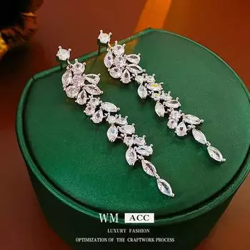 Серебряные иглы, длинные циркониевые ветки, серьги с каплями воды, модные серьги с кисточками высокого качества, ювелирные изделия 1#
