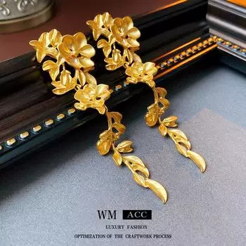 Серебряные иглы, длинные стильные серьги с кисточками в виде цветка и листа, винтажные серьги среднего возраста, модные серьги в стиле ретро золотой