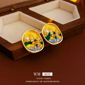 Серебряные иглы, красочные масляные капли, овальные серьги с жемчугом и пшеничными ушками, серьги в стиле ретро, элегантные, легкие, роскошные серьги 1#