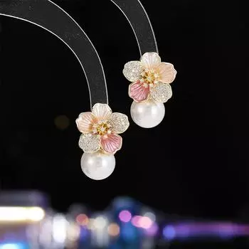 Серебряные иглы S925, модные универсальные супер яркие серьги-гвоздики с цветком из циркония и жемчугом, женские простые милые маленькие свежие серьги